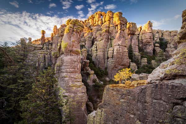 Sunset along the Echo Canyon hiking trail among hoodoos and rock pillars at Chiricahua National Monument near Wilcox Arizona.