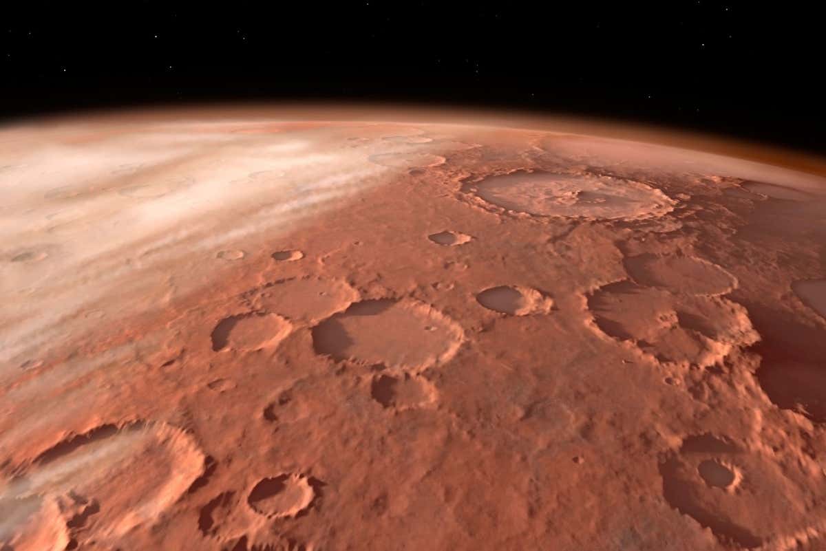 Heavily cratered highlands on the surface of Mars