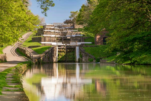 View of Bingley rise locks on the leeds to Liverpool canal, England