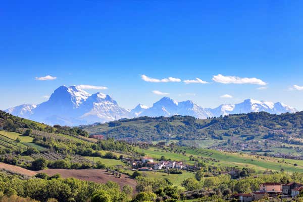 Italy Gran Sasso National Park mountain ranges in Abruzzo region in landscape panoramic scenic views