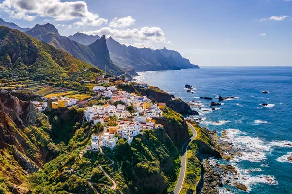 Landscape with coastal village in the distance, Tenerife, Canary Islands, Spain