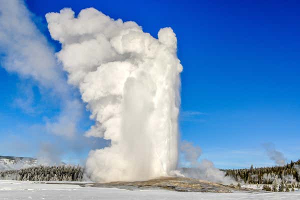 Old Faithful Geyser shoots upward towards the blue sky, Yellowstone National Park, USA