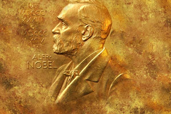 Gold embossed image with portrait image of Nobel Stockholm